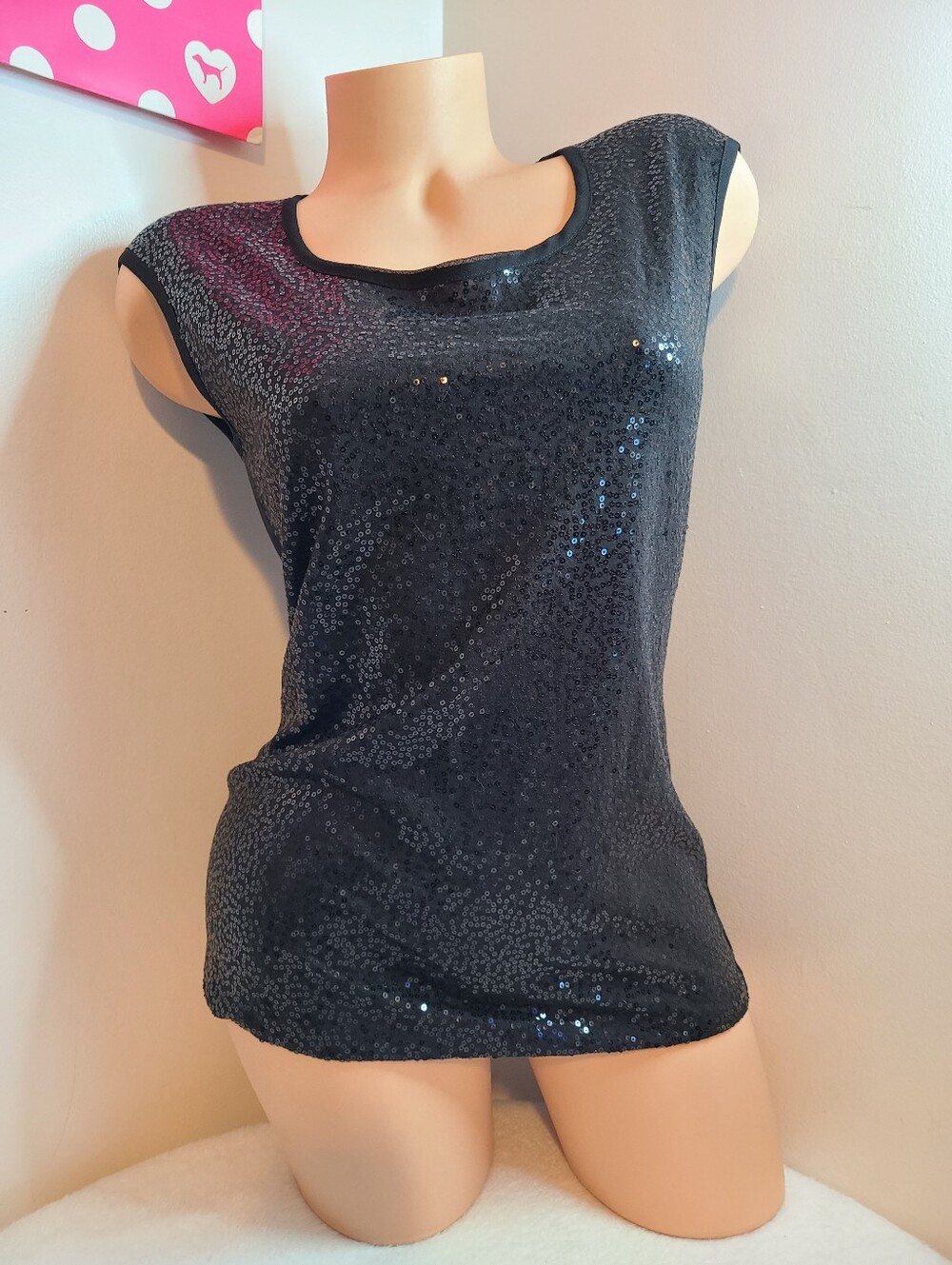 Ann Taylor Black Sequin Short Cap Sleeve Top Size Sm